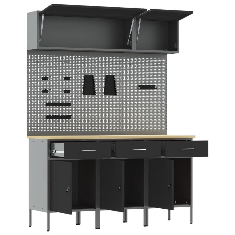 8-Delige Werkbankset - Staal 3x (84 cm) Zwart 3x kast + 3x pegboard + 2x kast met deur