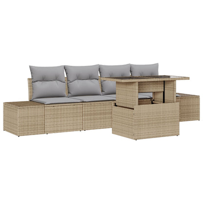 5 Delige Tuin Sofa Set Met Kussens - Beige Poly Rattan