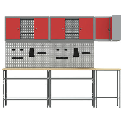 10-Delige Gereedschapsopslag Tafelset In Engineering Hout En Metaal 100 cm kast met pegboard Rood 3x tafel + 4x kast + 6x pegboard