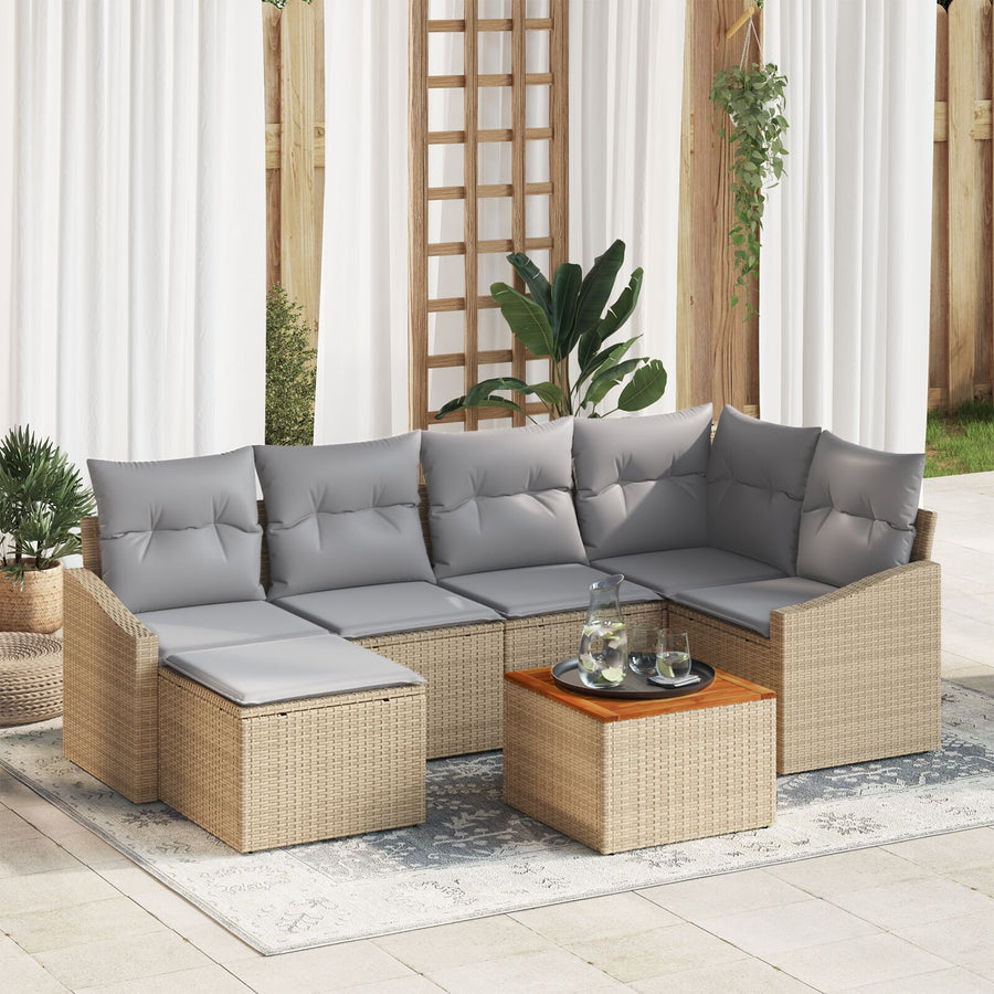 7 Delige Tuin Sofa Set Met Kussens Beige Poly Rattan Acacia