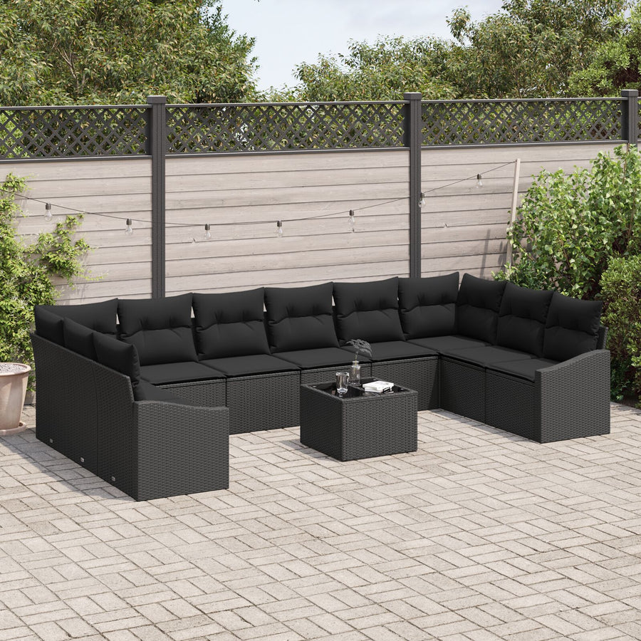 11-Delige Tuin Sofa Set Met Kussens Beige Poly Rattan Zwart met tafel