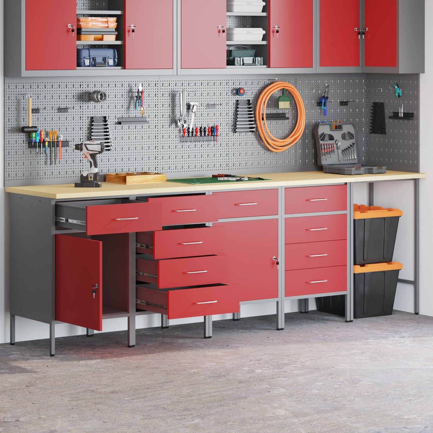 5-Delige Werkcabinet En Hoektafel Set Gelaagd Hout 4x (2x84/2x85 cm) Rood Tafel + 4x kast