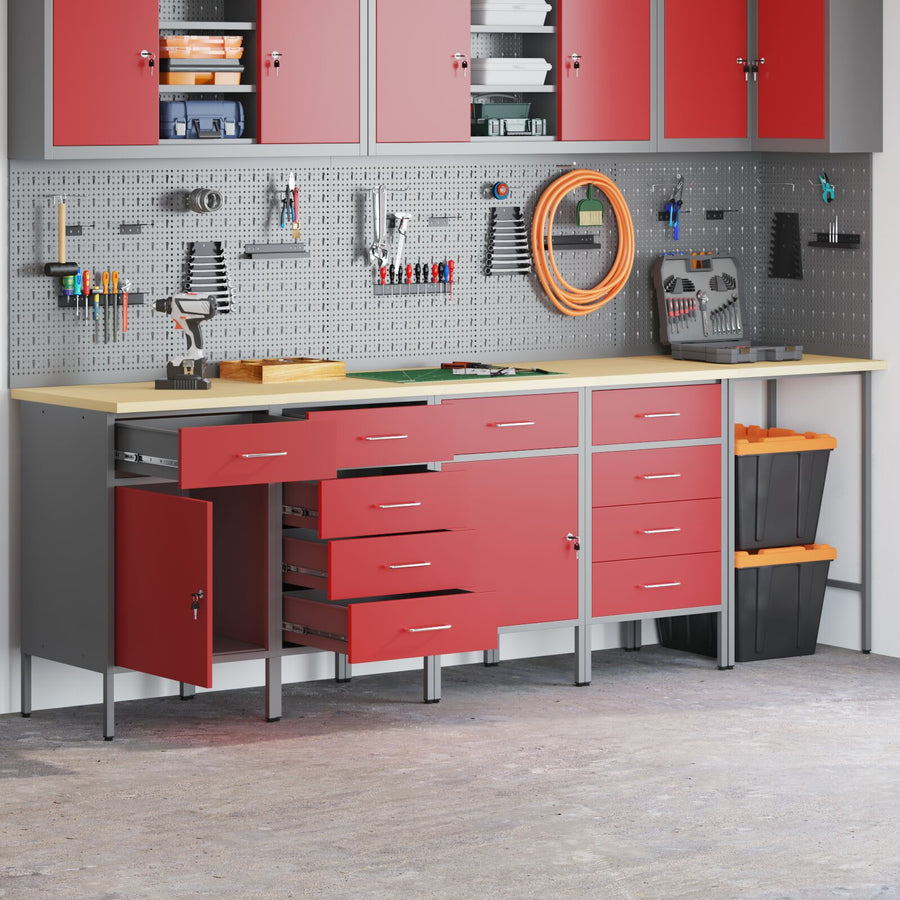 5-Delige Werkcabinet En Hoektafel Set Gelaagd Hout 4x (2x84/2x85 cm) Rood Tafel + 4x kast