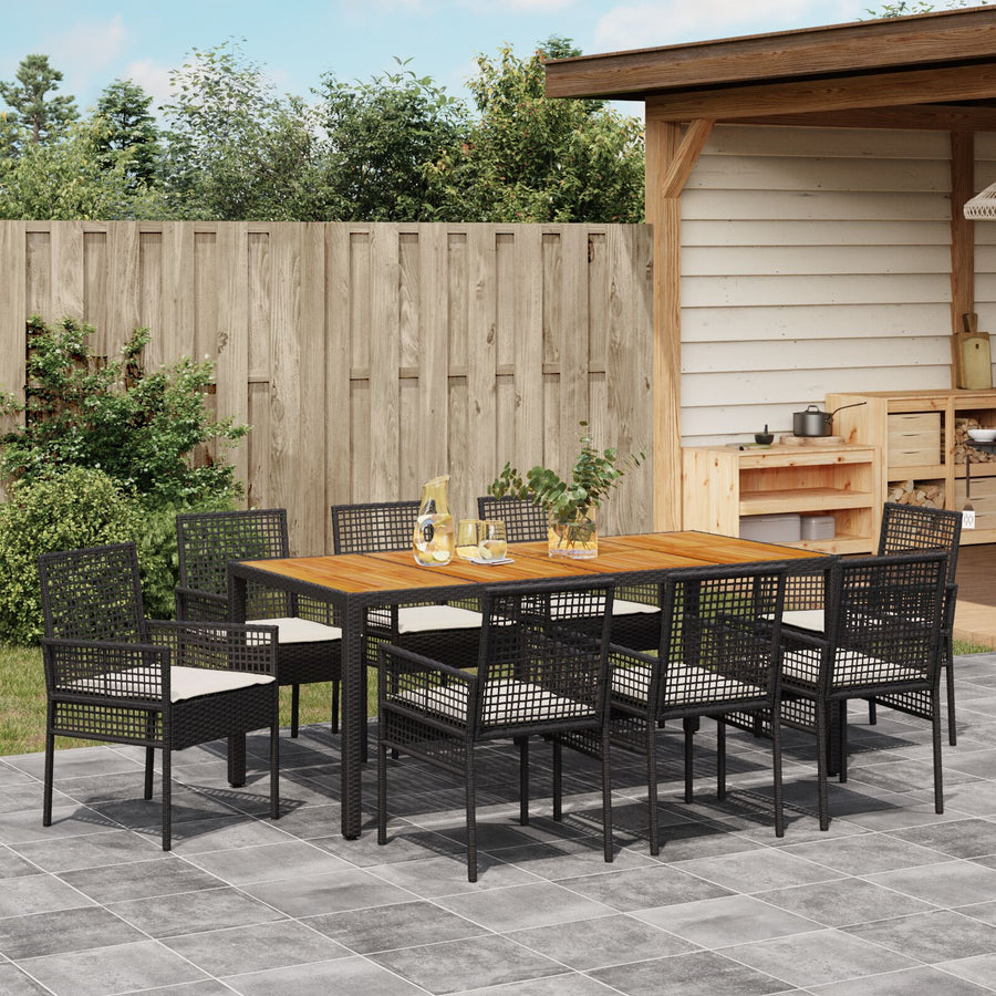 9-Delige Tuin Eetset Met Kussens Zwart Poly Rattan