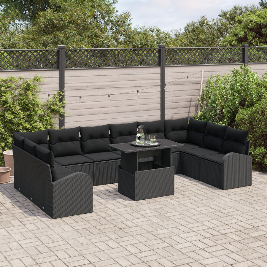 11-Delige Tuinsofa Set Met Kussens Zwart Poly Rattan