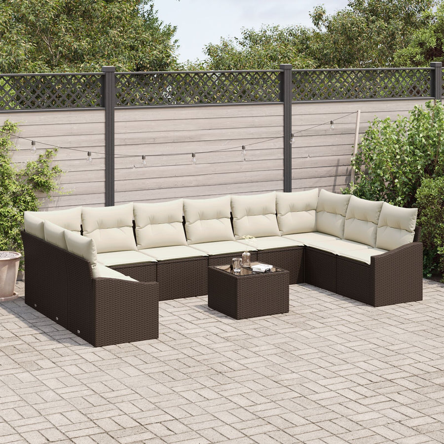 10-Delige Tuin Sofa Set Met Kussens Grijs Poly Rattan Bruin en crème met tafel