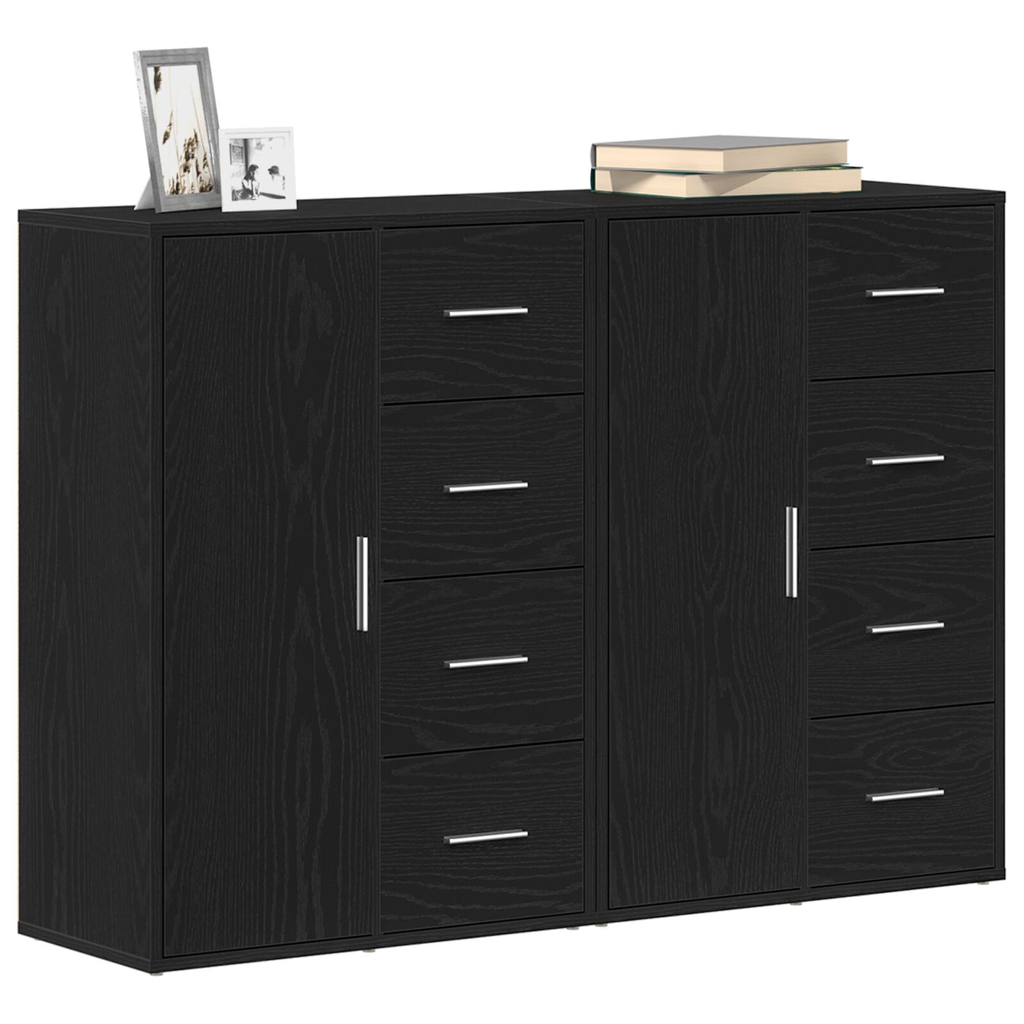 Sideboard Set Van 2 Zwart Eiken Hout, Metalen Handvatten