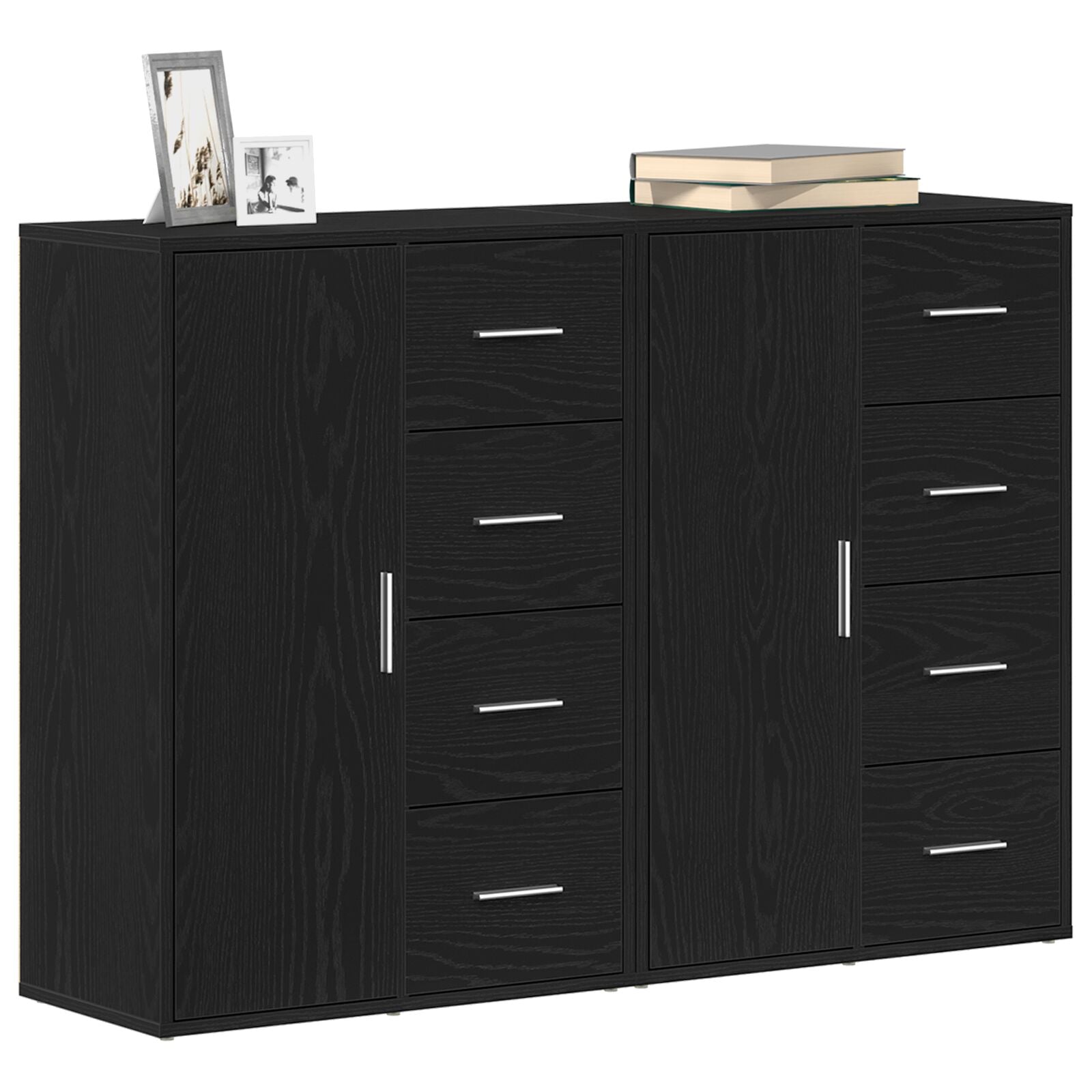 Sideboard Set Van 2 Zwart Eiken Hout, Metalen Handvatten