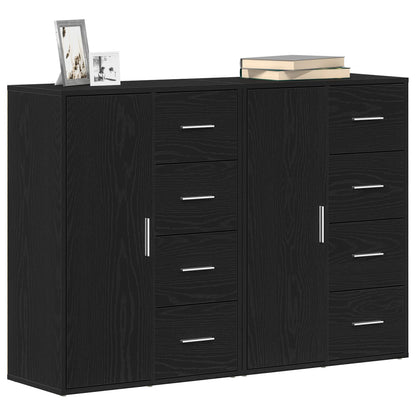 Sideboard Set Van 2 Zwart Eiken Hout, Metalen Handvatten