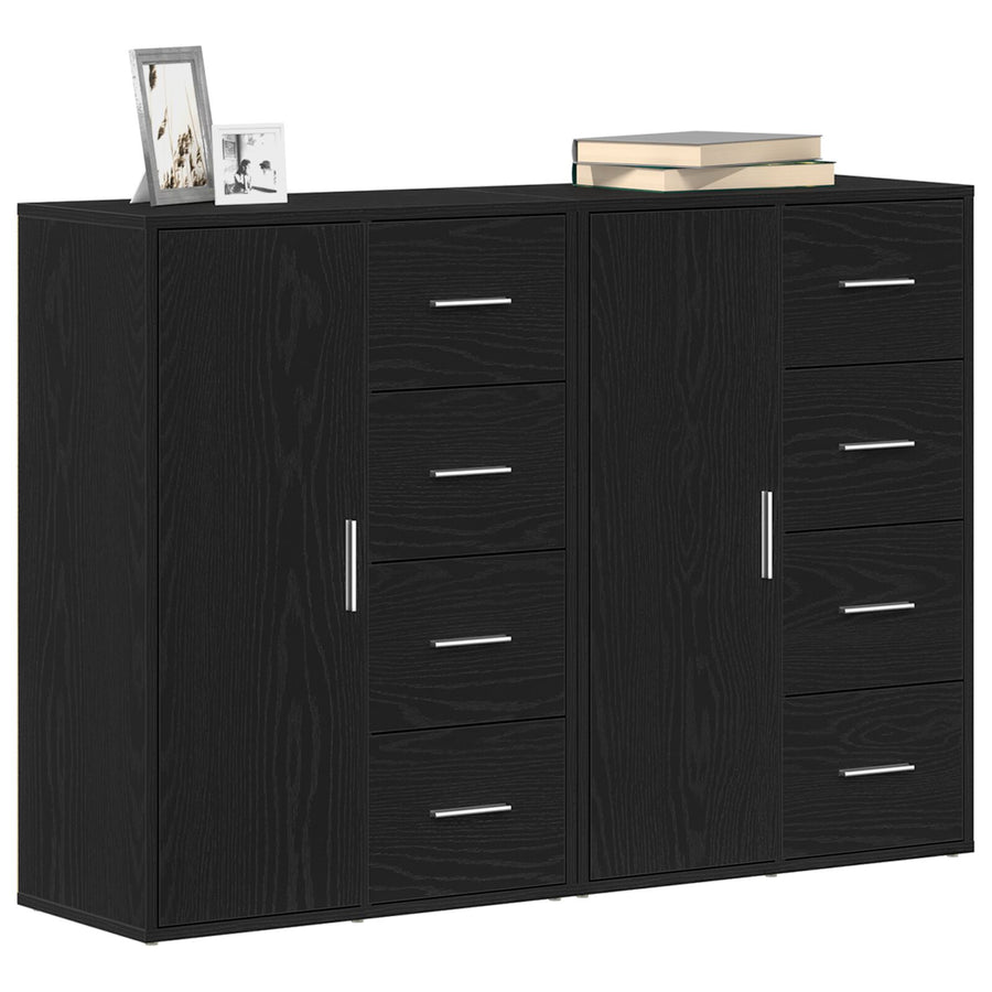 Sideboard Set Van 2 Zwart Eiken Hout, Metalen Handvatten