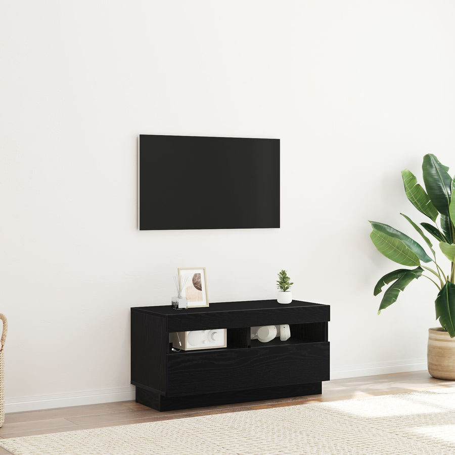 Tv-Meubel Met Led-Verlichting Zwart Eiken 80X35X40 Cm Bewerkt Hout