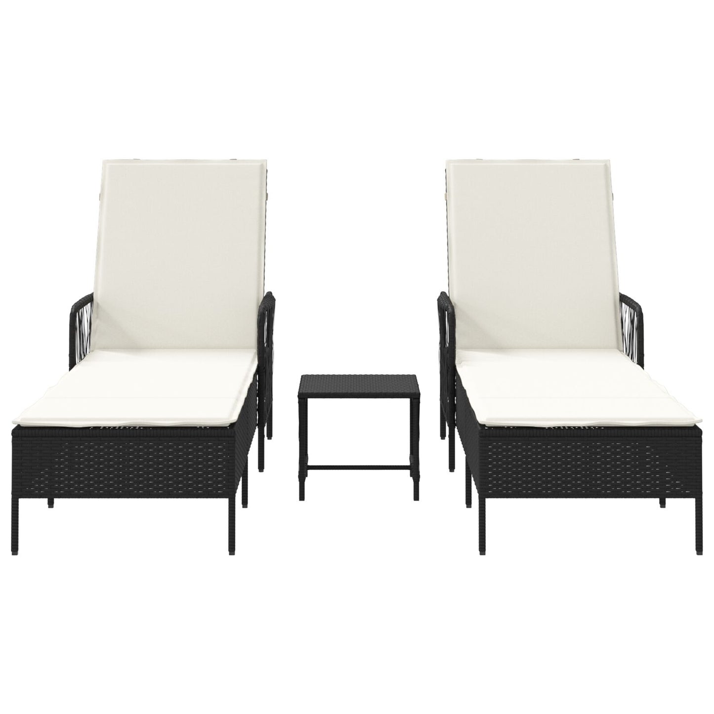 Zonnebank Set Set Van 3 Zwart En Crème Wit Pe Rattan, Metaal