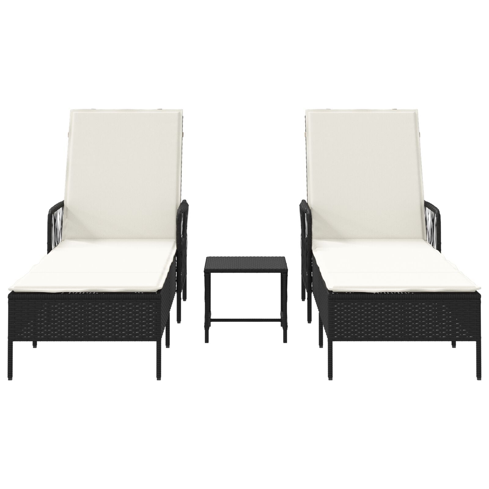 Zonnebank Set Set Van 3 Zwart En Crème Wit Pe Rattan, Metaal