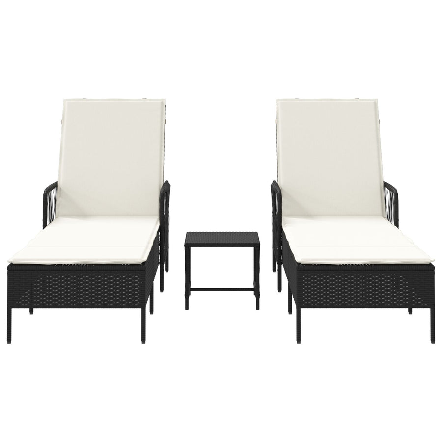 Zonnebank Set Set Van 3 Zwart En Crème Wit Pe Rattan, Metaal