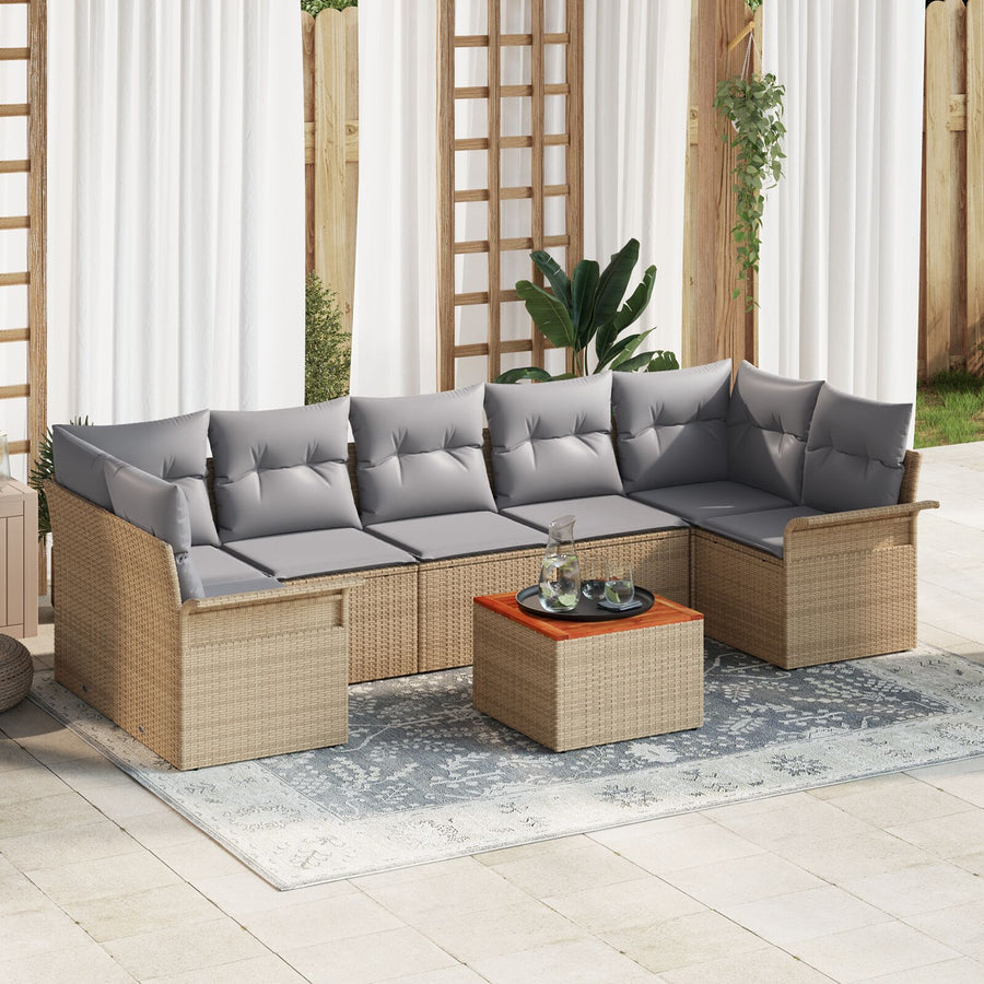 8-Delige Tuinbankset Met Kussens Beige Poly Rattan Acacia