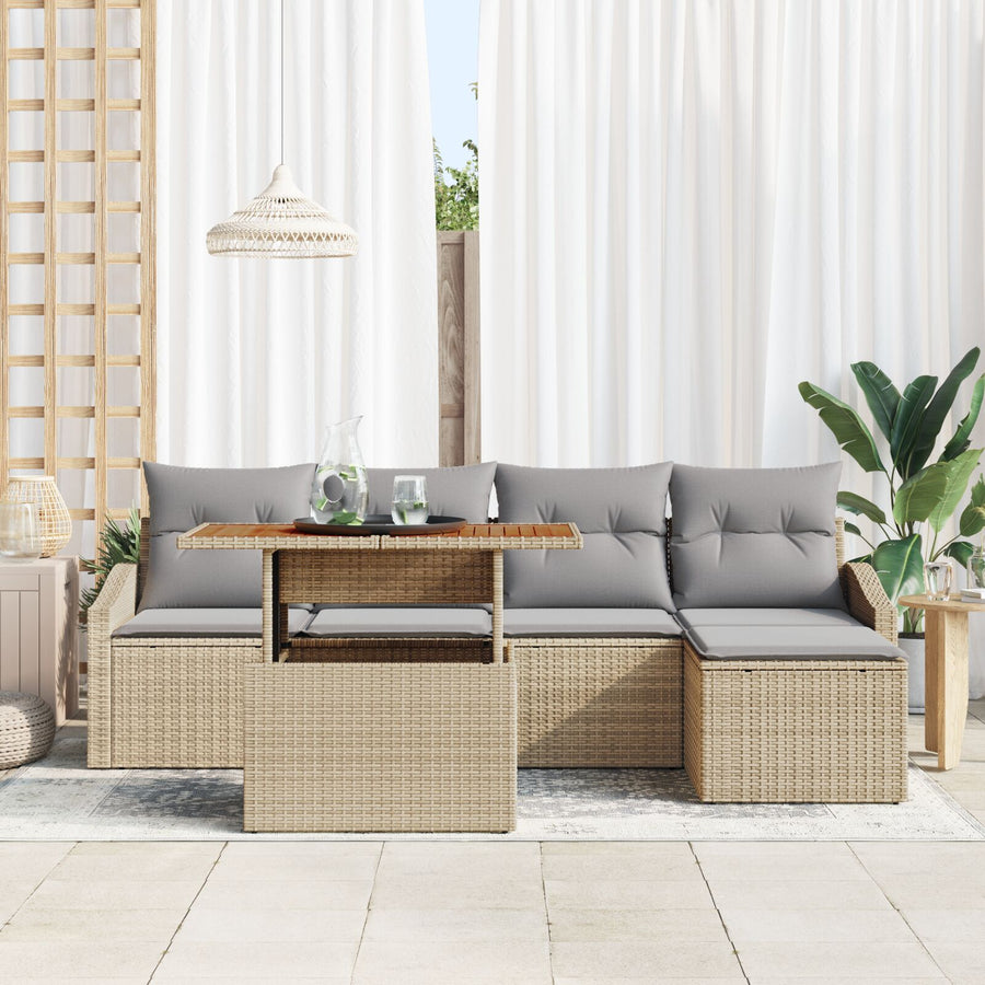 6-Delige Tuin Eettafel Set Met Kussens Beige Poly Rattan Acacia