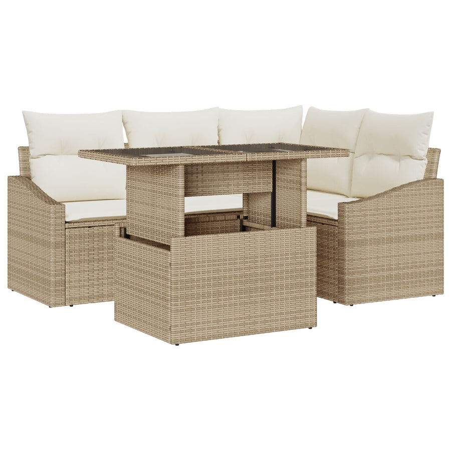 5-Delige Tuinsofa Set Met Kussens Beige Poly Rattan