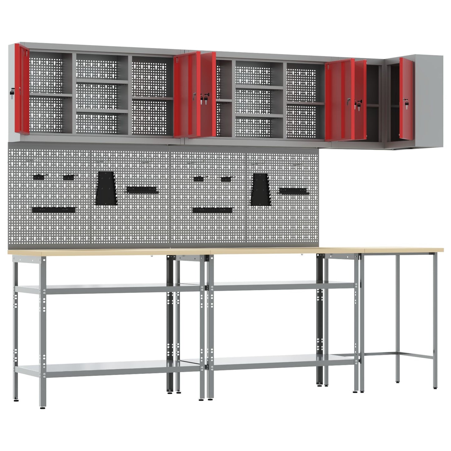 10-Delige Gereedschapsopslag Tafelset In Engineering Hout En Metaal 100 cm kast met pegboard Rood 3x tafel + 4x kast + 6x pegboard