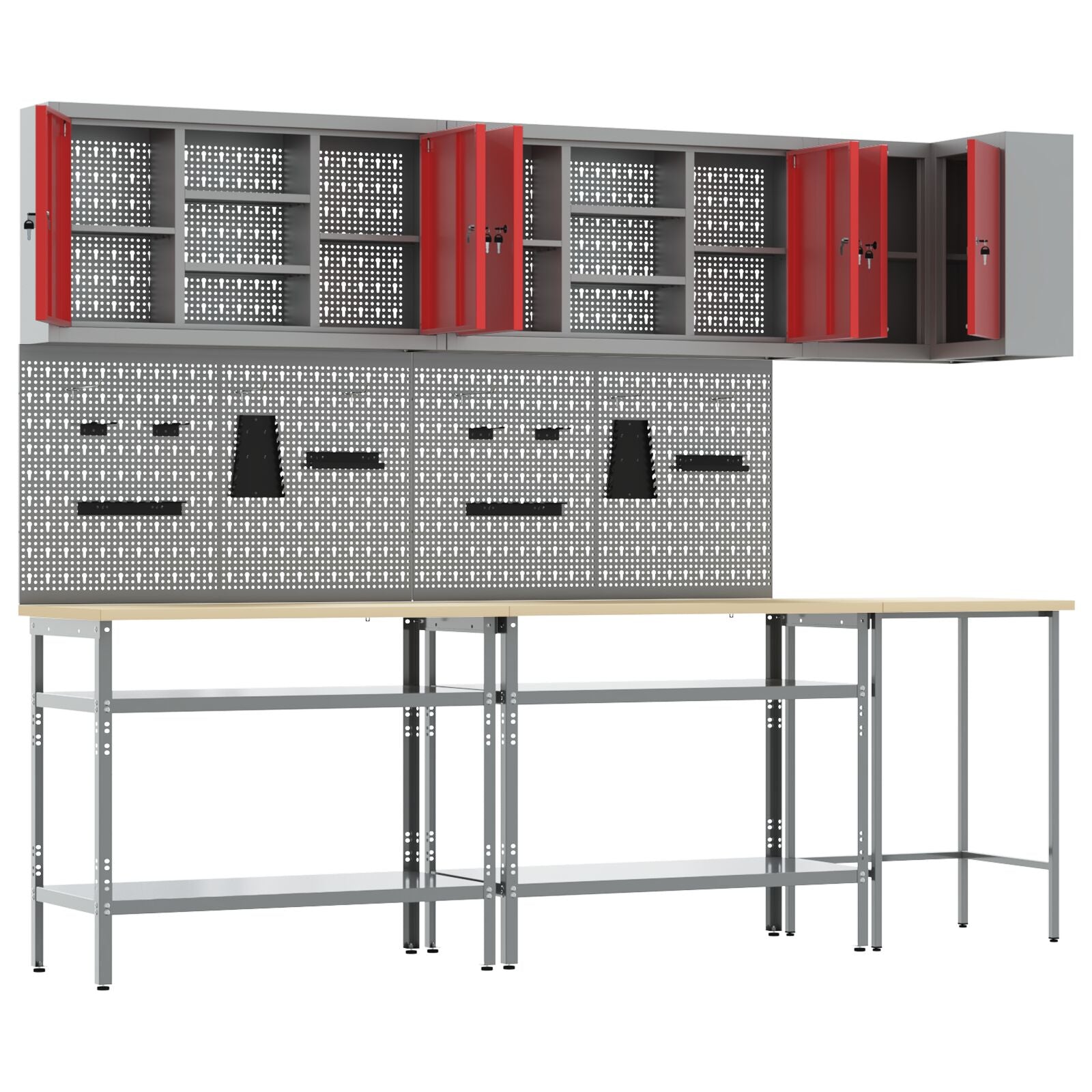 10-Delige Gereedschapsopslag Tafelset In Engineering Hout En Metaal 100 cm kast met pegboard Rood 3x tafel + 4x kast + 6x pegboard