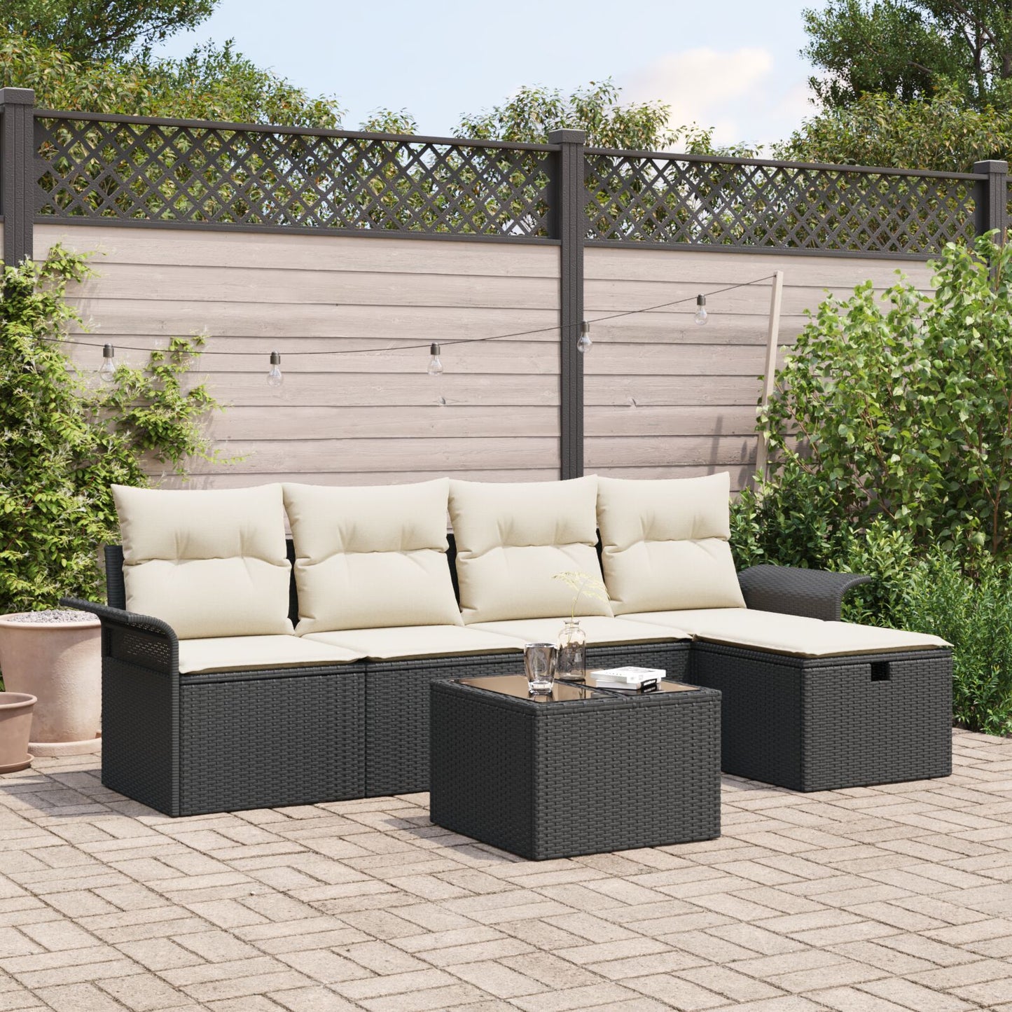 6-Delige Tuinsofa Set Met Kussens Zwart Poly Rattan