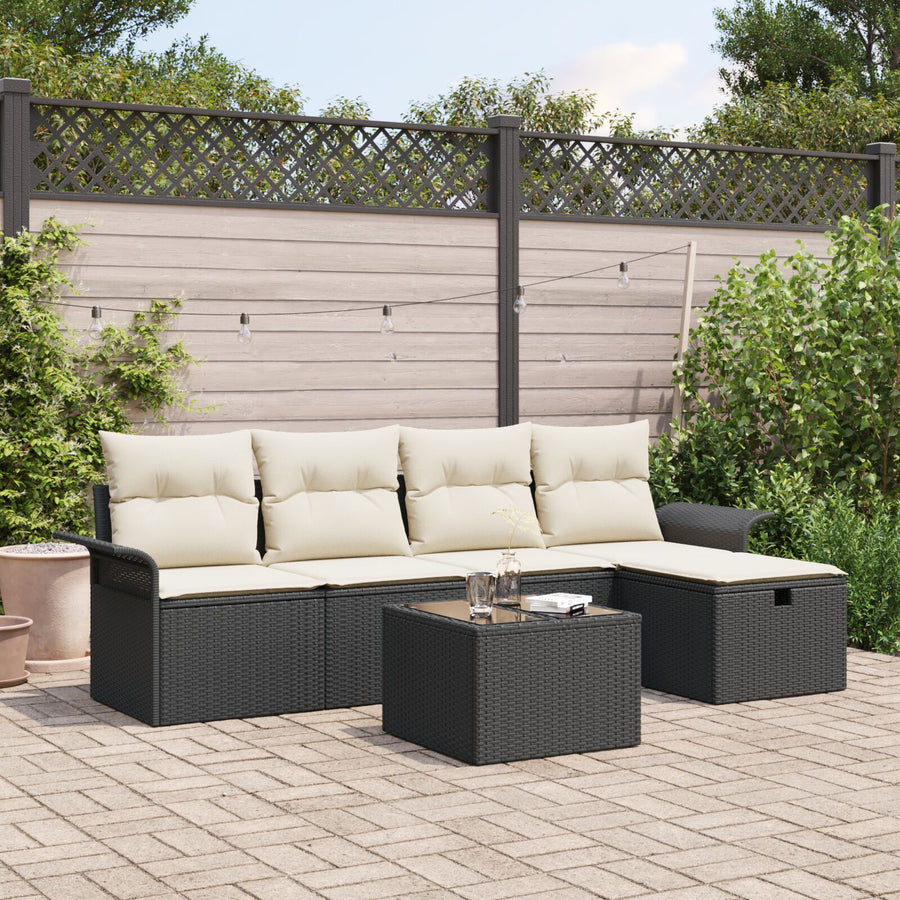 6-Delige Tuinsofa Set Met Kussens Zwart Poly Rattan