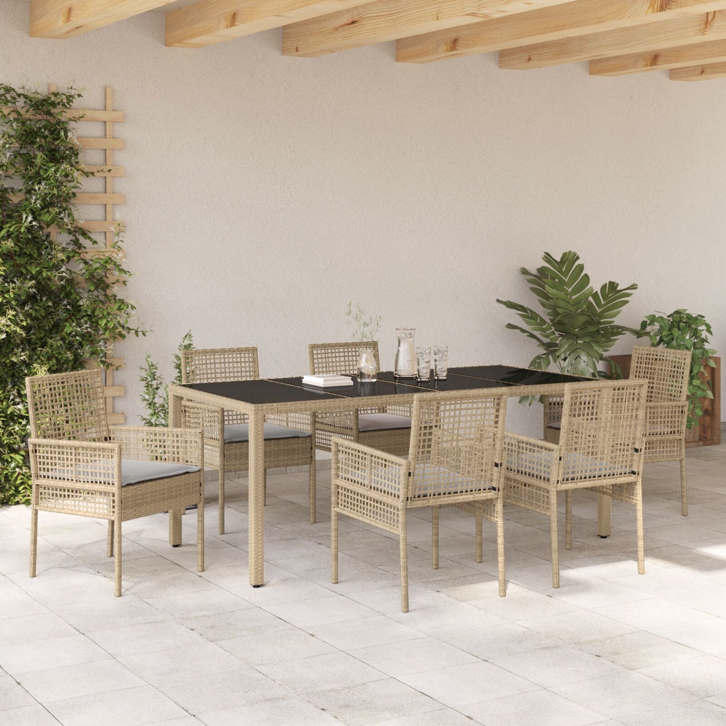 Set Van 4 Beige Poly Rattan, Gehard Glas, Gepoedercoat Staal