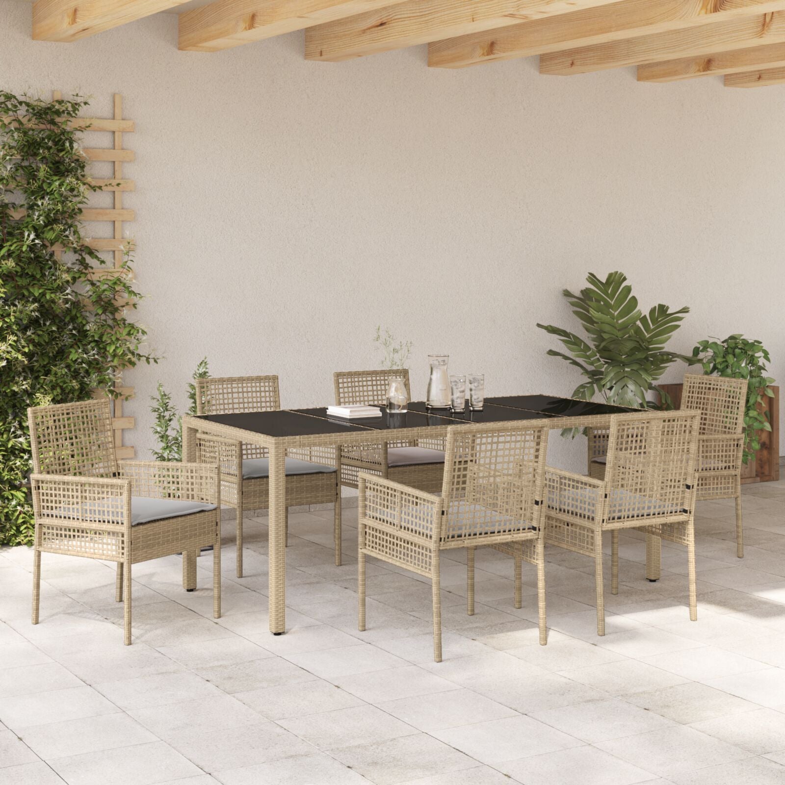 Set Van 4 Beige Poly Rattan, Gehard Glas, Gepoedercoat Staal