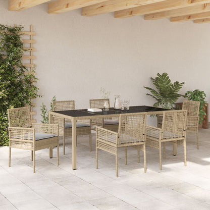 Set Van 4 Beige Poly Rattan, Gehard Glas, Gepoedercoat Staal