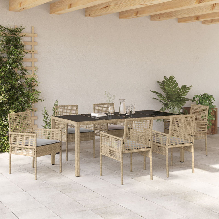 Set Van 4 Beige Poly Rattan, Gehard Glas, Gepoedercoat Staal