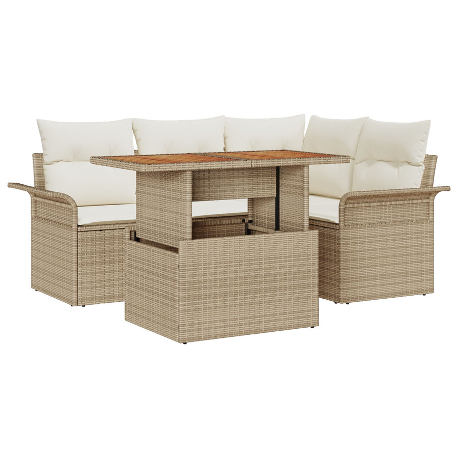 5-Delige Tuin Eet Set Met Kussens Beige Poly Rattan Acacia