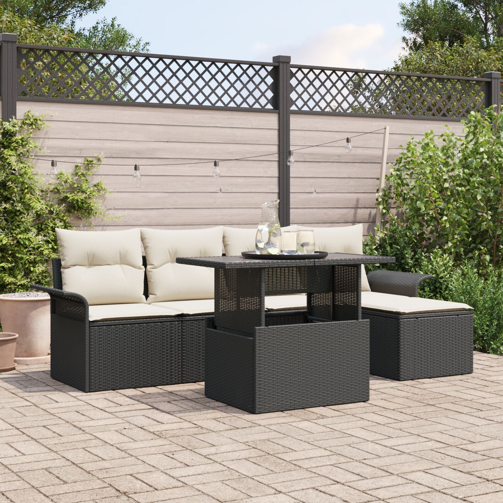 6 Delige Tuinsofa Set Met Kussens Zwart Poly Rattan