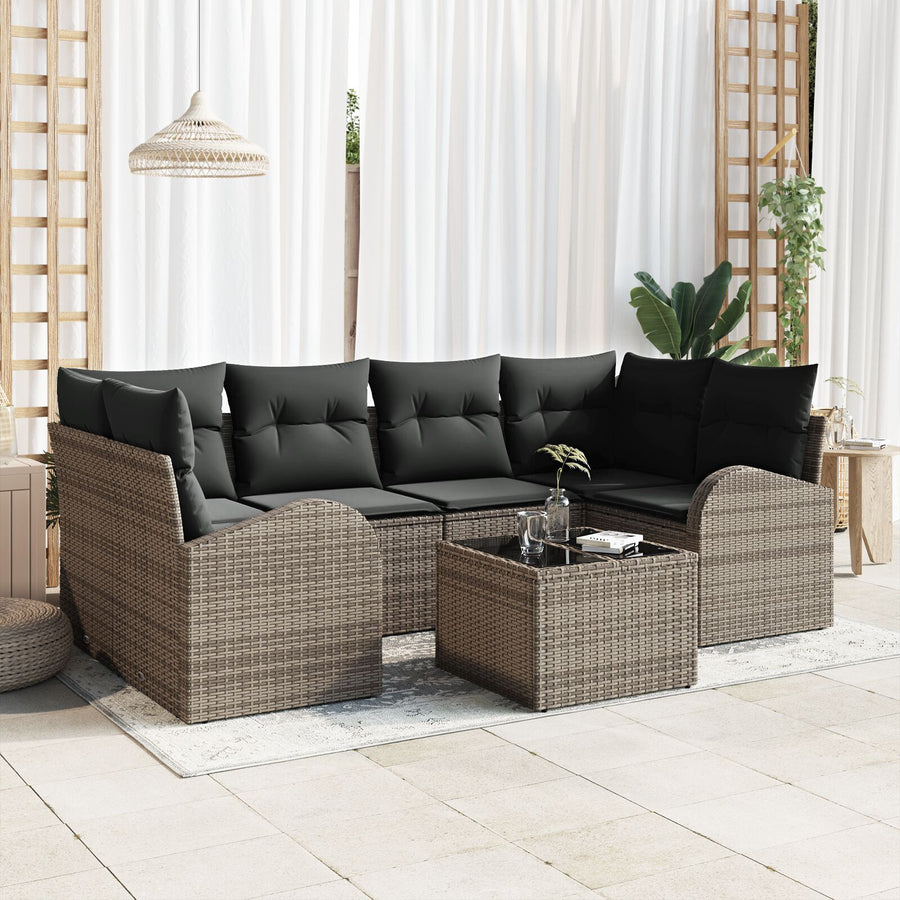 7-Delige Tuin Sofaset Met Kussens Grijs Poly Rattan