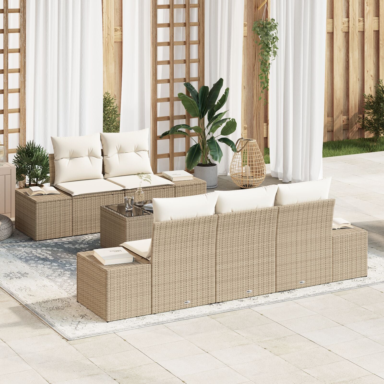 6-Delige Tuin Sofa Set Met Kussens Beige Poly Rattan