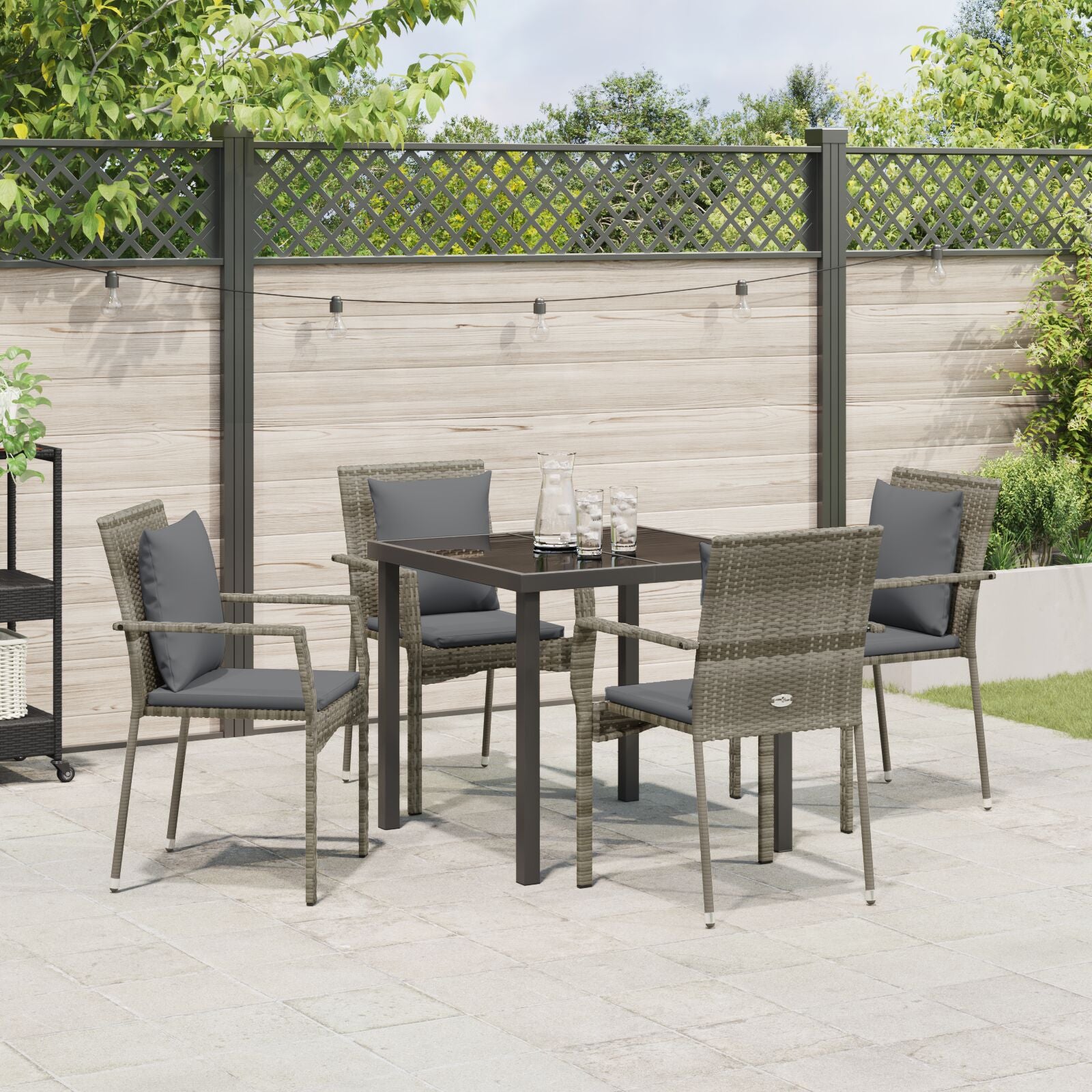 5-Delige Tuin Eetset Met Kussens Grijs Poly Riet