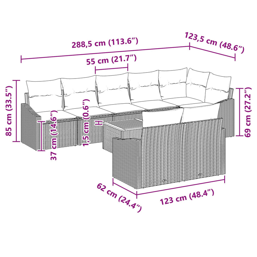 9-Delige Tuinbanken Set Met Kussens Zwart Poly Rattan Acacia