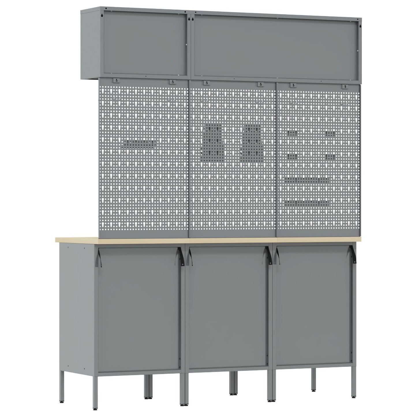 8-Delige Werkbank Set Staal 3x (85 cm) Zwart 3x kast + 3x pegboard + 2x kast met deur