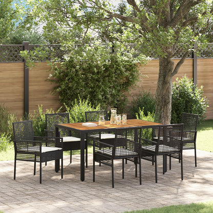7-Delige Tuin Eetset Met Kussens Zwart Poly Rattan