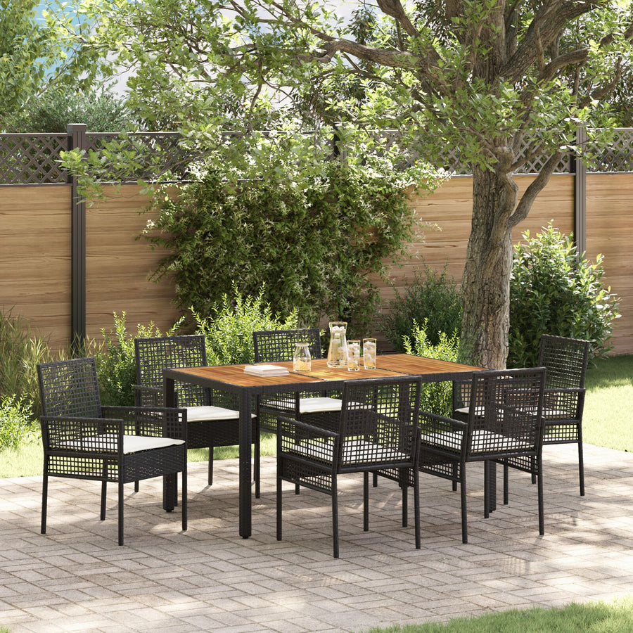 7-Delige Tuin Eetset Met Kussens Zwart Poly Rattan