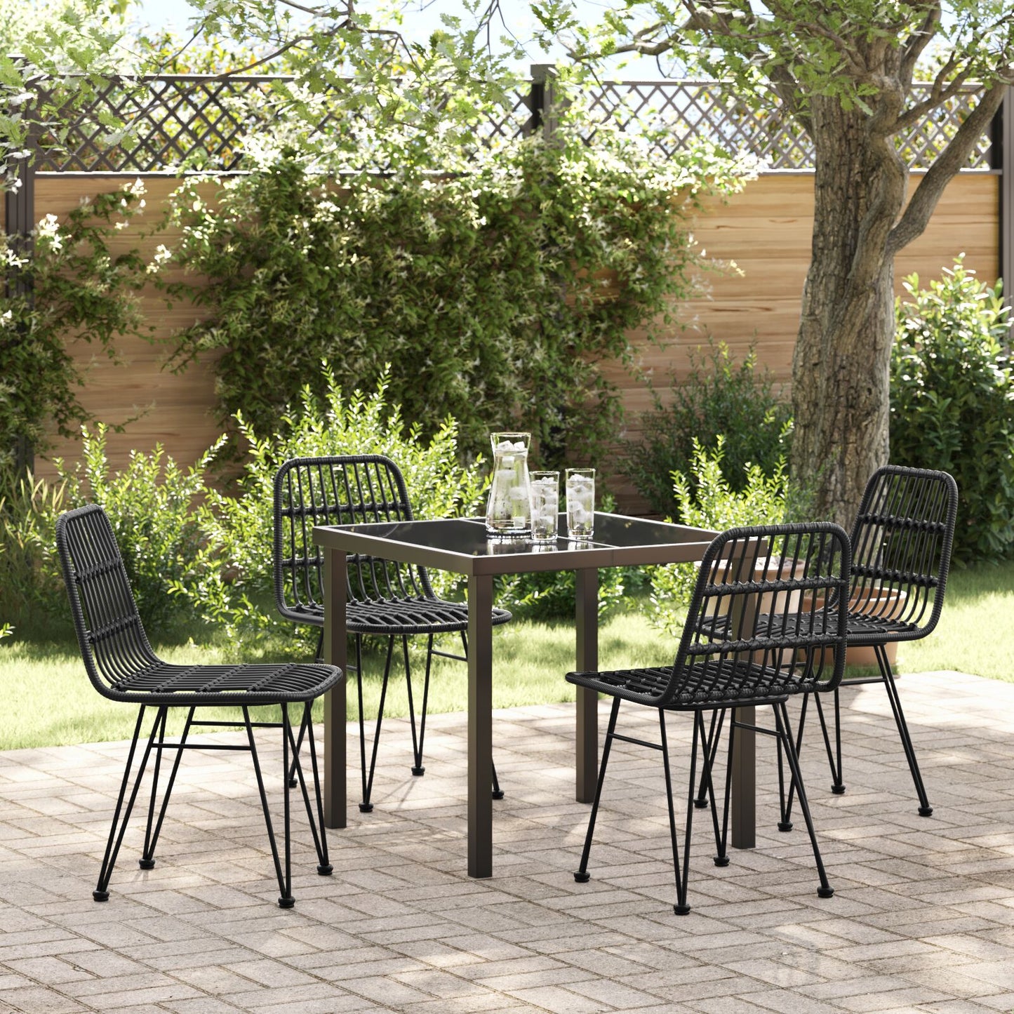 5-Delige Tuin Eettafelset Zwart Poly Rattan