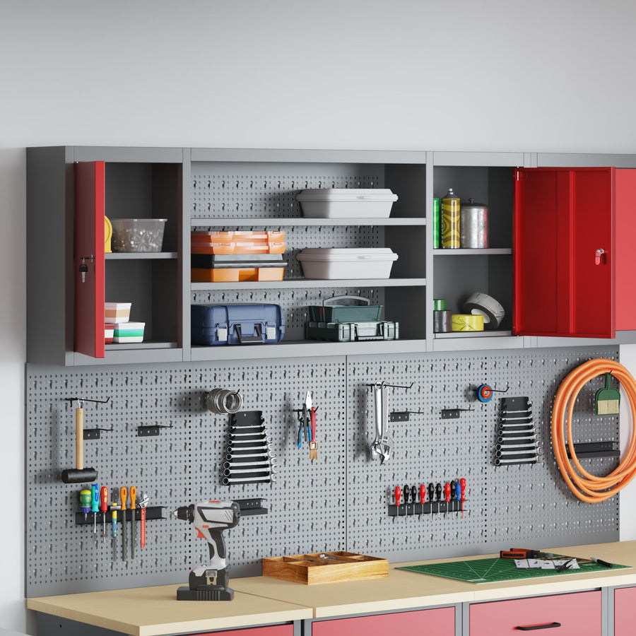 Gereedschapskast Muurbevestiging Met Pegboard 150X20X55 Cm Staal 150 cm Rood en grijs Wandkast met pegboard