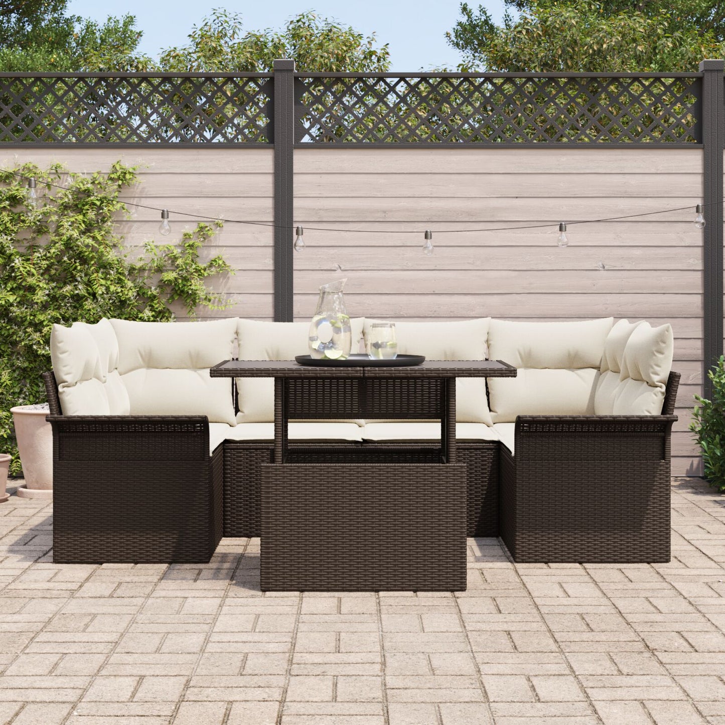 7-Delige Tuinbankset Met Kussens Bruin Poly Rattan