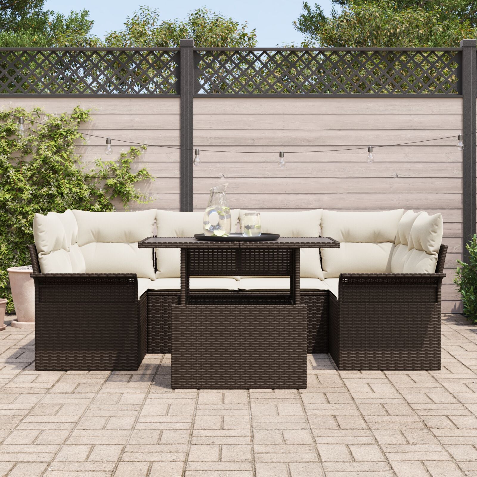 7-Delige Tuinbankset Met Kussens Bruin Poly Rattan