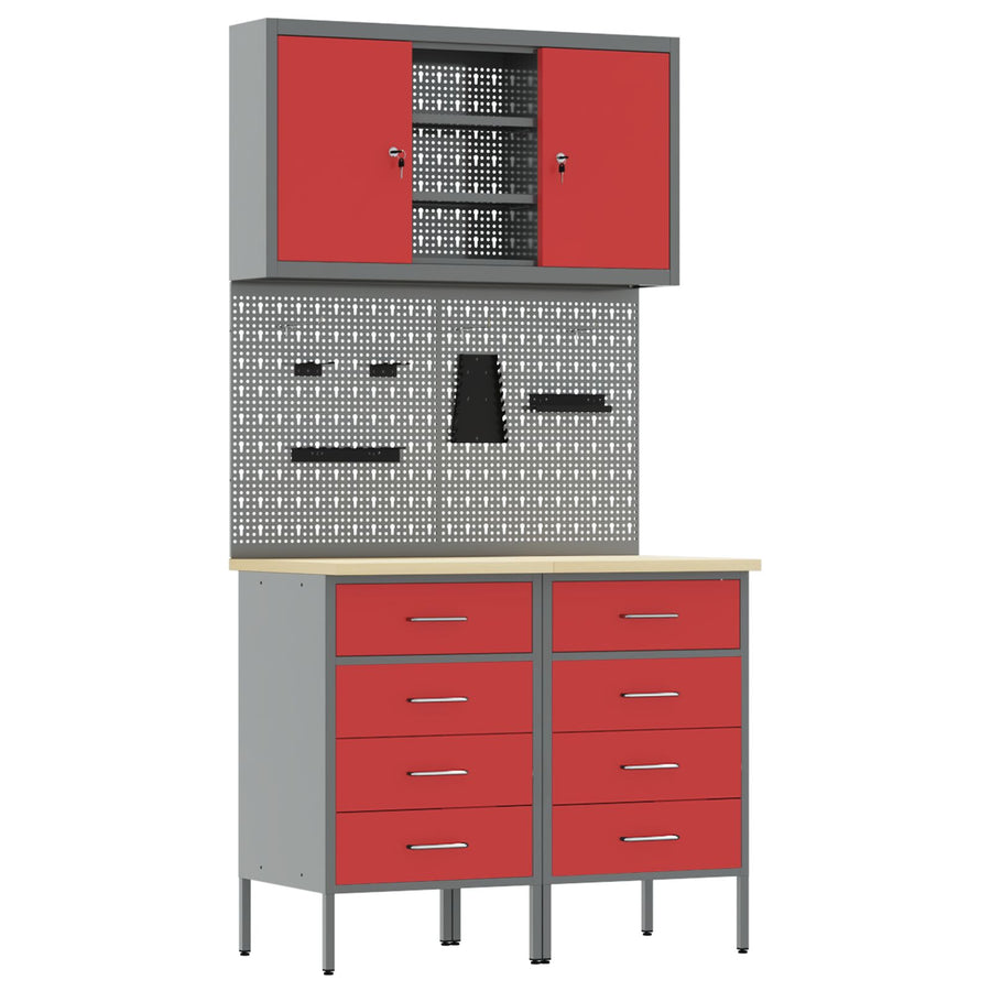 5-Delige Werkbankset Staal 2x (85 cm) Rood 2x kast + 2x pegboard + kast met deur