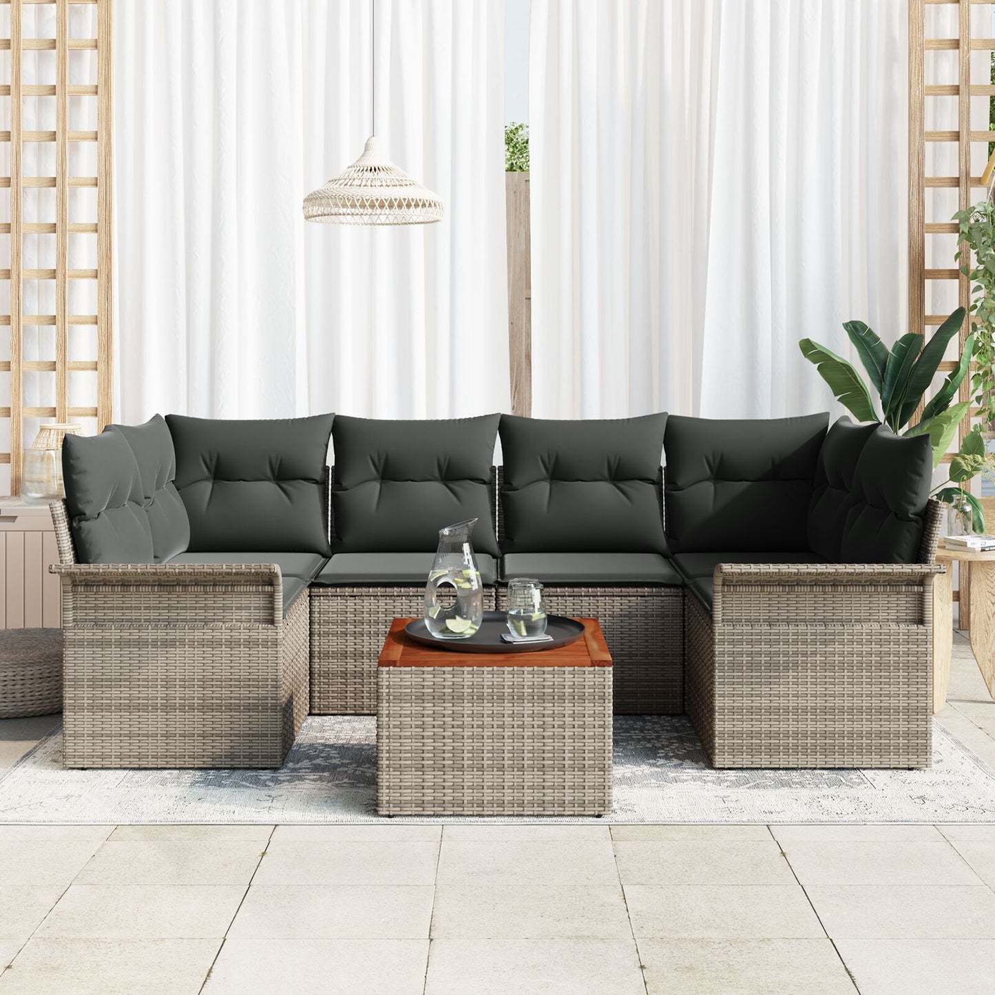 7-Delige Tuinbankset Met Kussens Grijs Poly Rattan Acacia