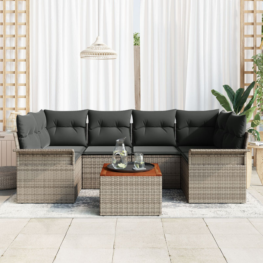 7-Delige Tuinbankset Met Kussens Grijs Poly Rattan Acacia