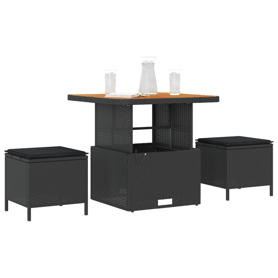 3-Delig Tuin Eetset Met Kussens Poly Rattan Acaciahout 80 cm Zwart 2 krukken