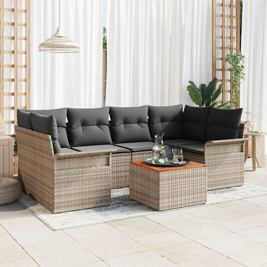 7-Delige Tuinbankset Met Kussens Grijs Poly Rattan Acacia