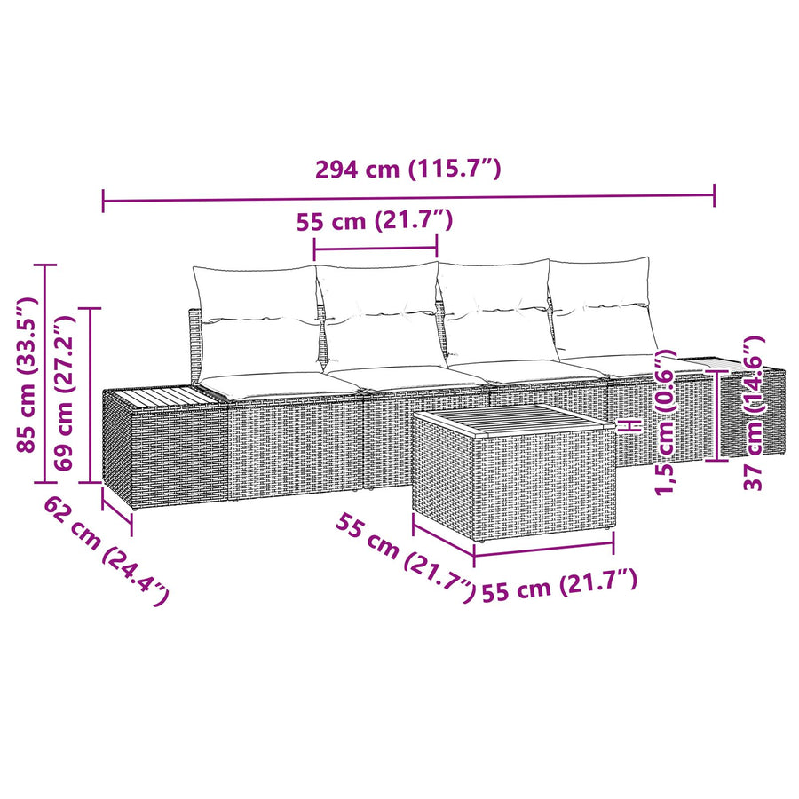 5-Delige Tuinbankset Met Kussens Beige Poly Rattan Acacia
