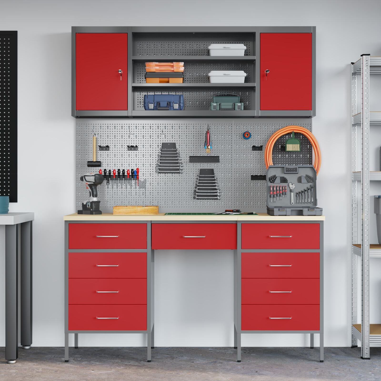 7-Delige Werkcabinet En Pegboard Set Rood Mdf En Metaal