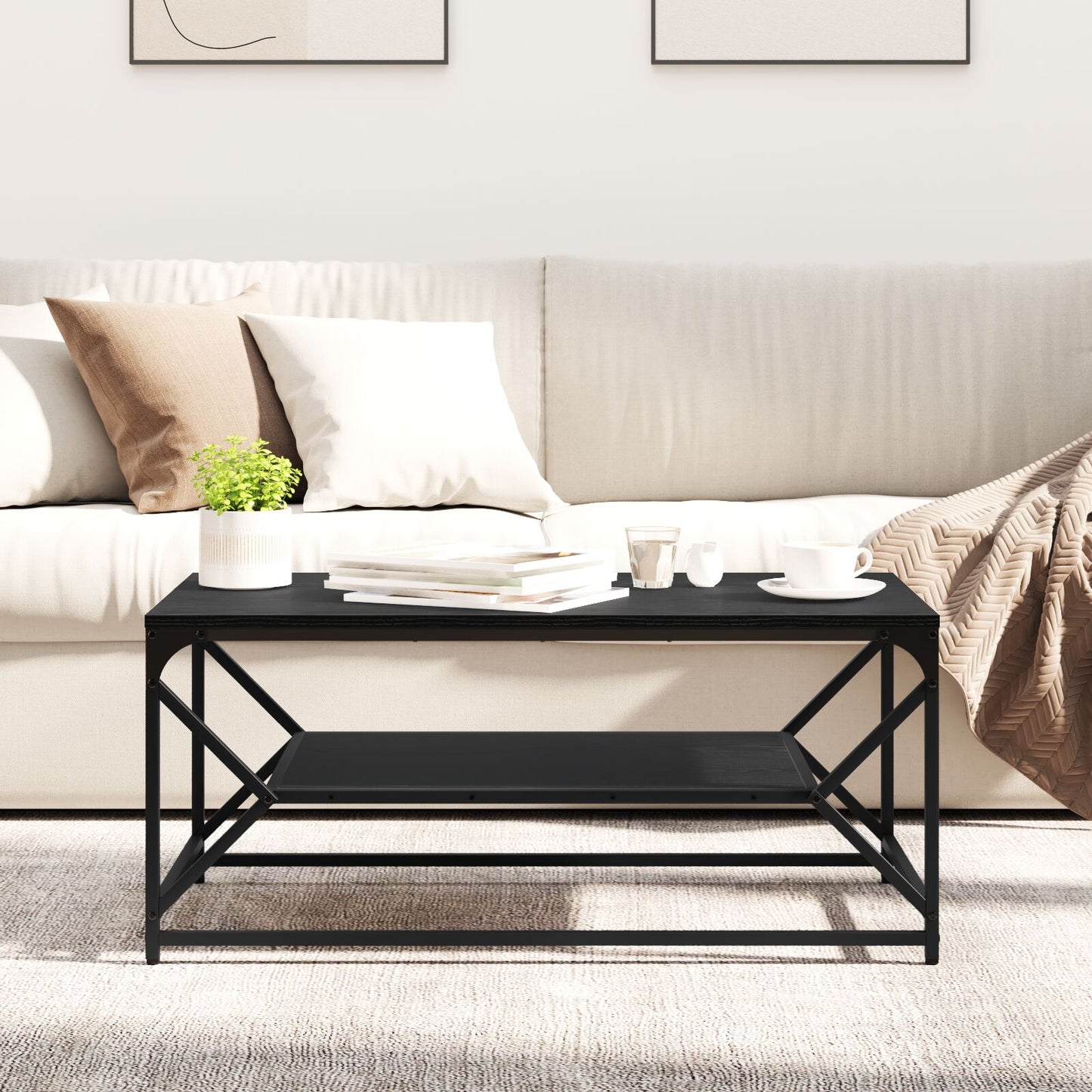 Salontafel Met Plank Geengineerd Hout Zwart eiken 90 x 50 x 40 cm